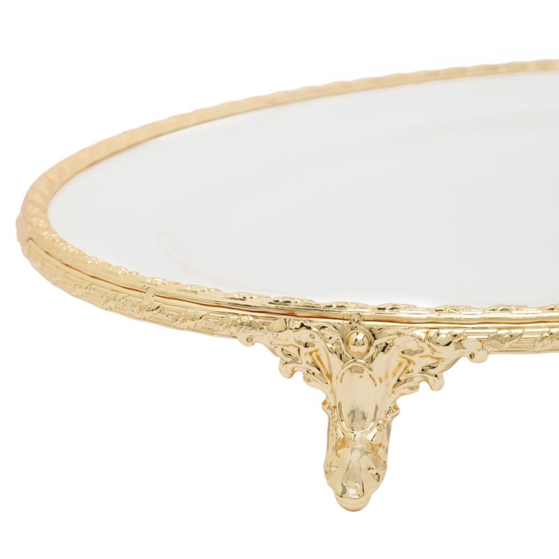 سوليتير طبق ميلامين بيضاوي فاخر مع اطار معدني وساق، أبيض/ذهبي - Image 5